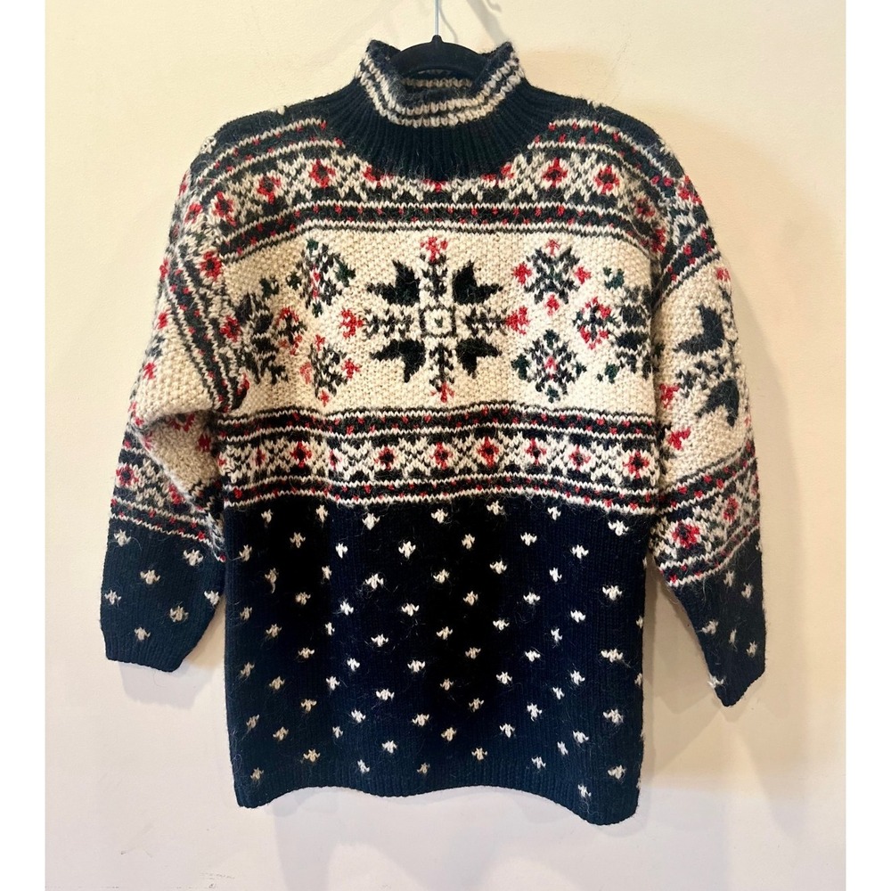 VTG Jones New York P/S Hand Knit Wool Sweater 90s Turtleneck Nordic Snowflake